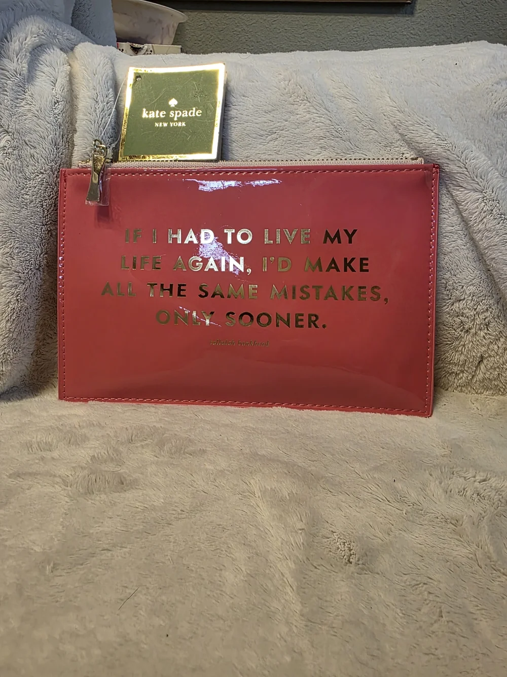 kate spade glossy hot pink zip pouch with gold logo